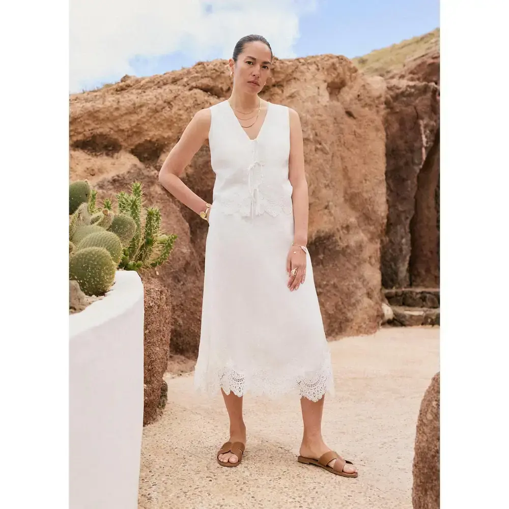 Mint Velvet White Ramie Lace Trim Midi Skirt